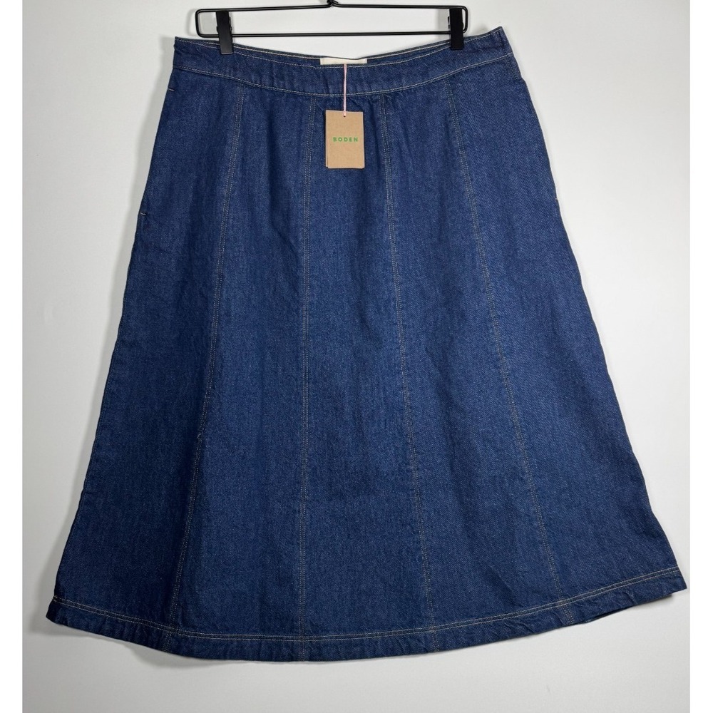 Boden Denim Skirt US 12 Blue Indigo A Line Midi Panel Cotton Seam Coastal Preppy
